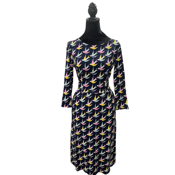 Boden Penny Jersey Swallow Dress Size UK 10L/US 6L Navy 3/4 sleeves midi preppy - Picture 2 of 13